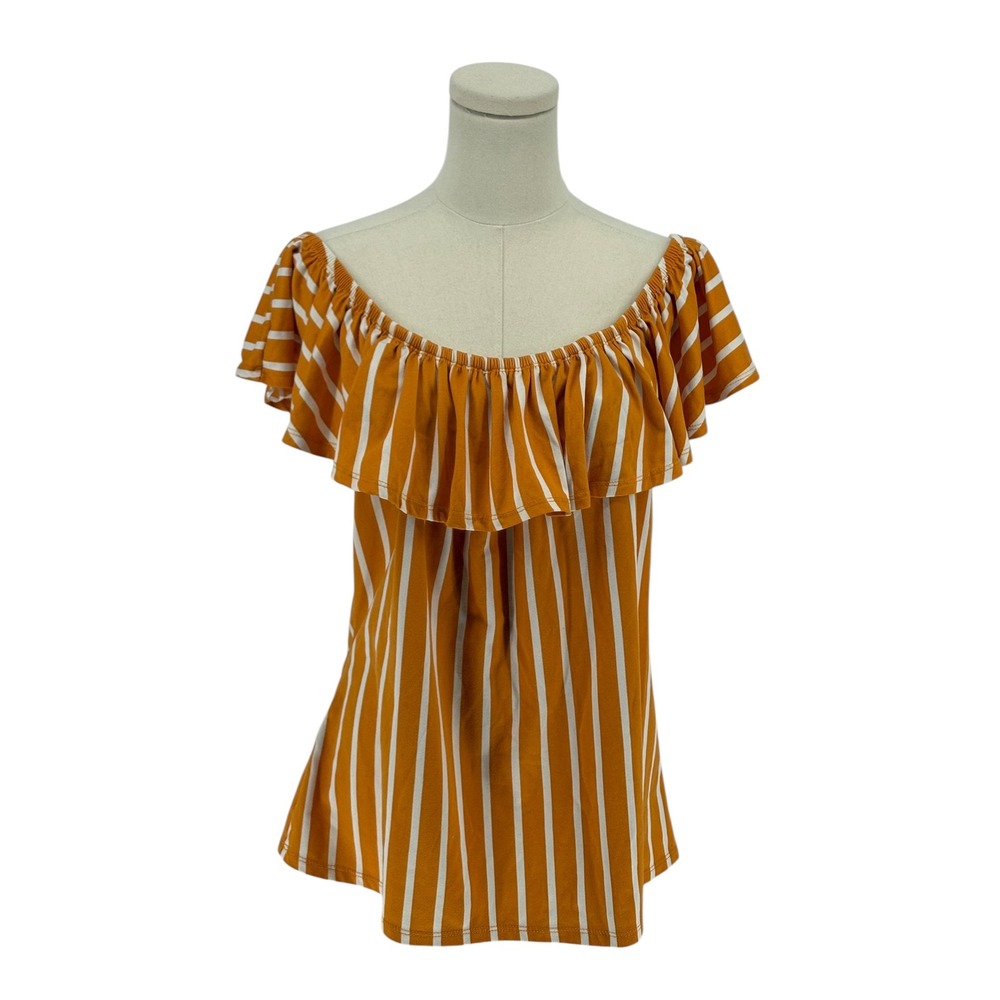 Ups & Downs Off The Shoulder Top Mustard Yellow Striped Ruffle 1X